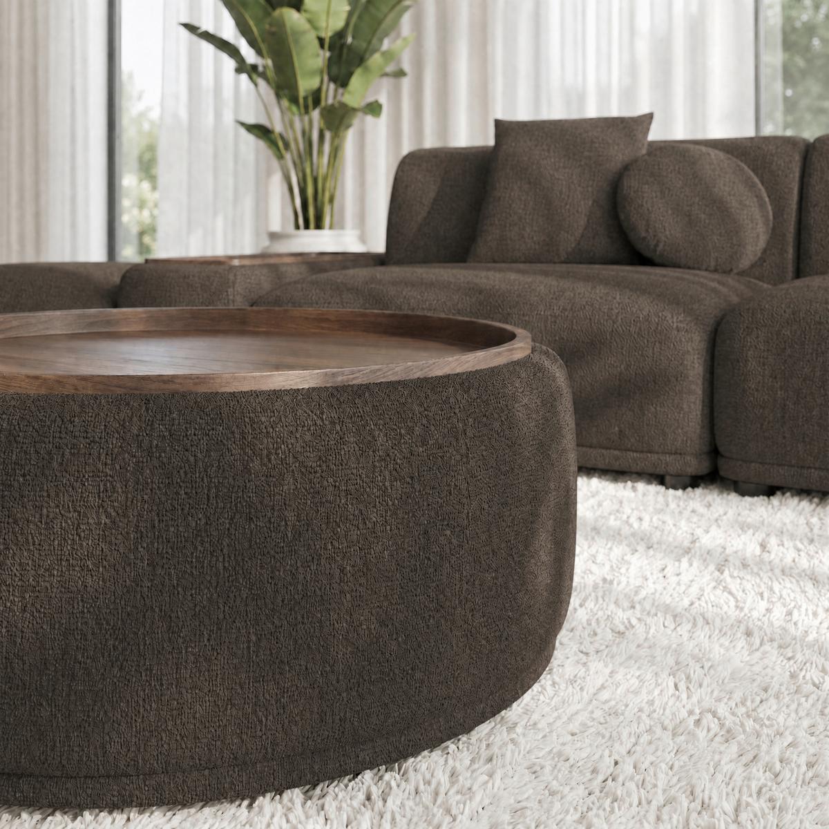 Rohová sedačka KIRA, hnědá žinylka, so stolíkem - černá/hnědá, Moderní, dřevo/textil (408/108cm) - Bessagi Home