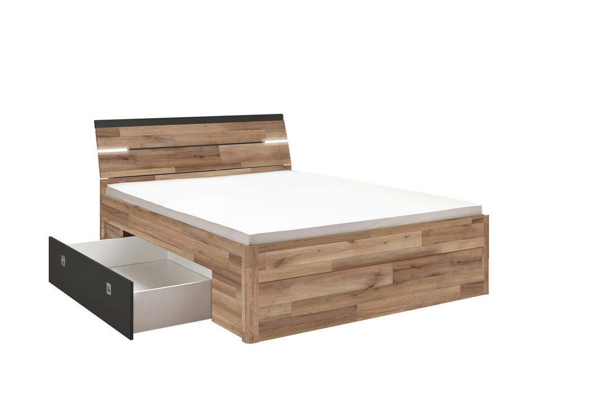 Stauraumbett Mit Beleuchtung 160x200 Cm Mars Eiche Dekor - Eichefarben/Dunkelgrau, KONVENTIONELL, Holzwerkstoff (160/200cm) - MID.YOU