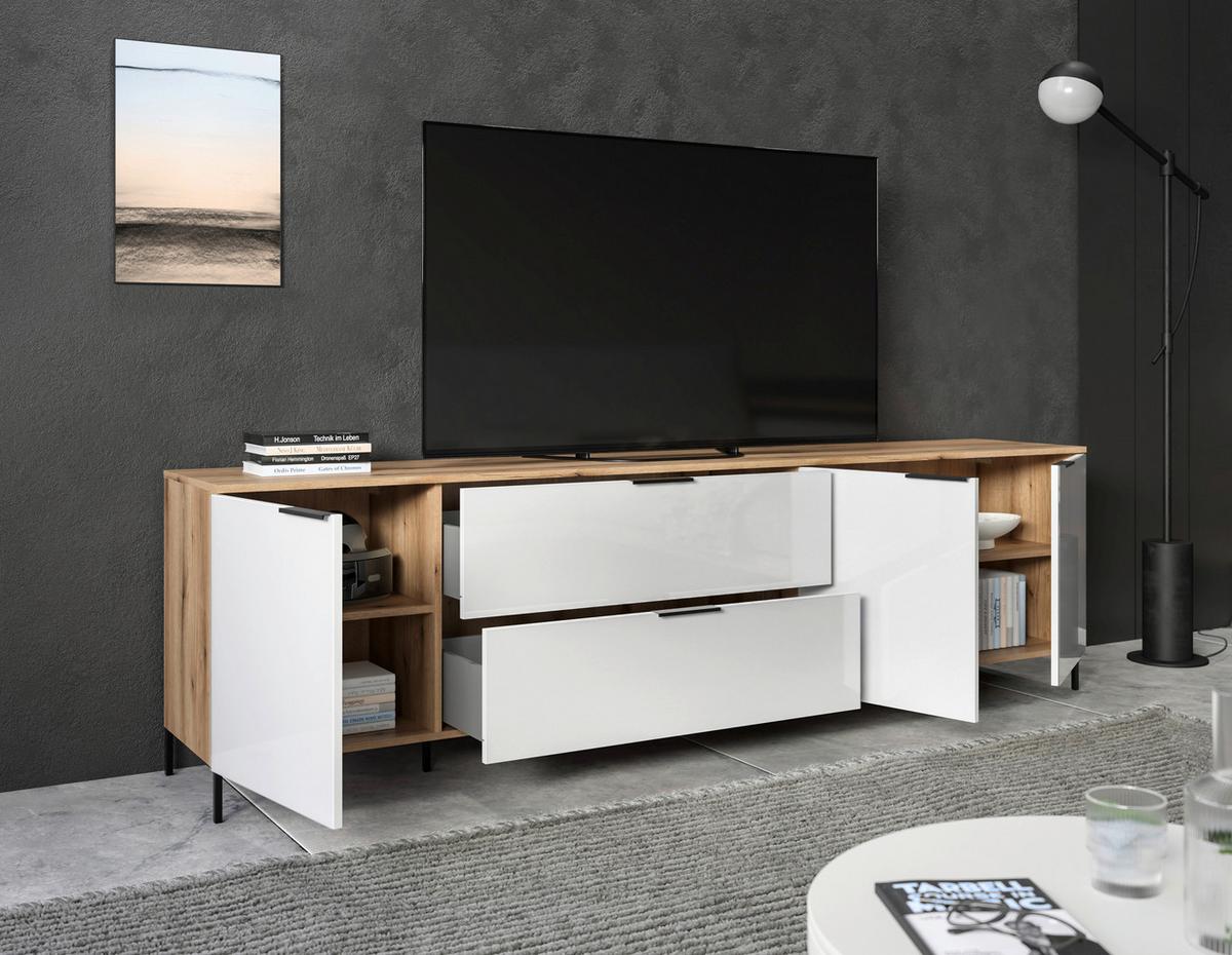 TV-Lowboard Austin 225 cm Eichefarben/Glasfront Weiss - Eichefarben/Schwarz, Trend, Glas/Holzwerkstoff (225/63/40cm)