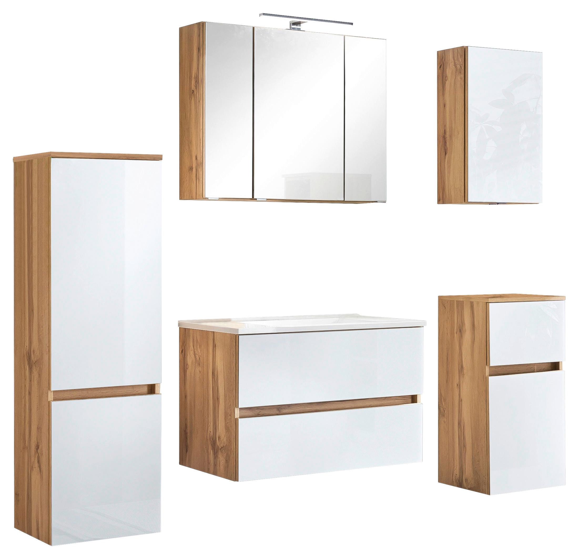 Badmöbel-Set 6-Tlg. inkl. LED Helsinki, Weiß/Eiche - Eichefarben/Weiß, KONVENTIONELL, Glas/Holzwerkstoff (160cm) - Held