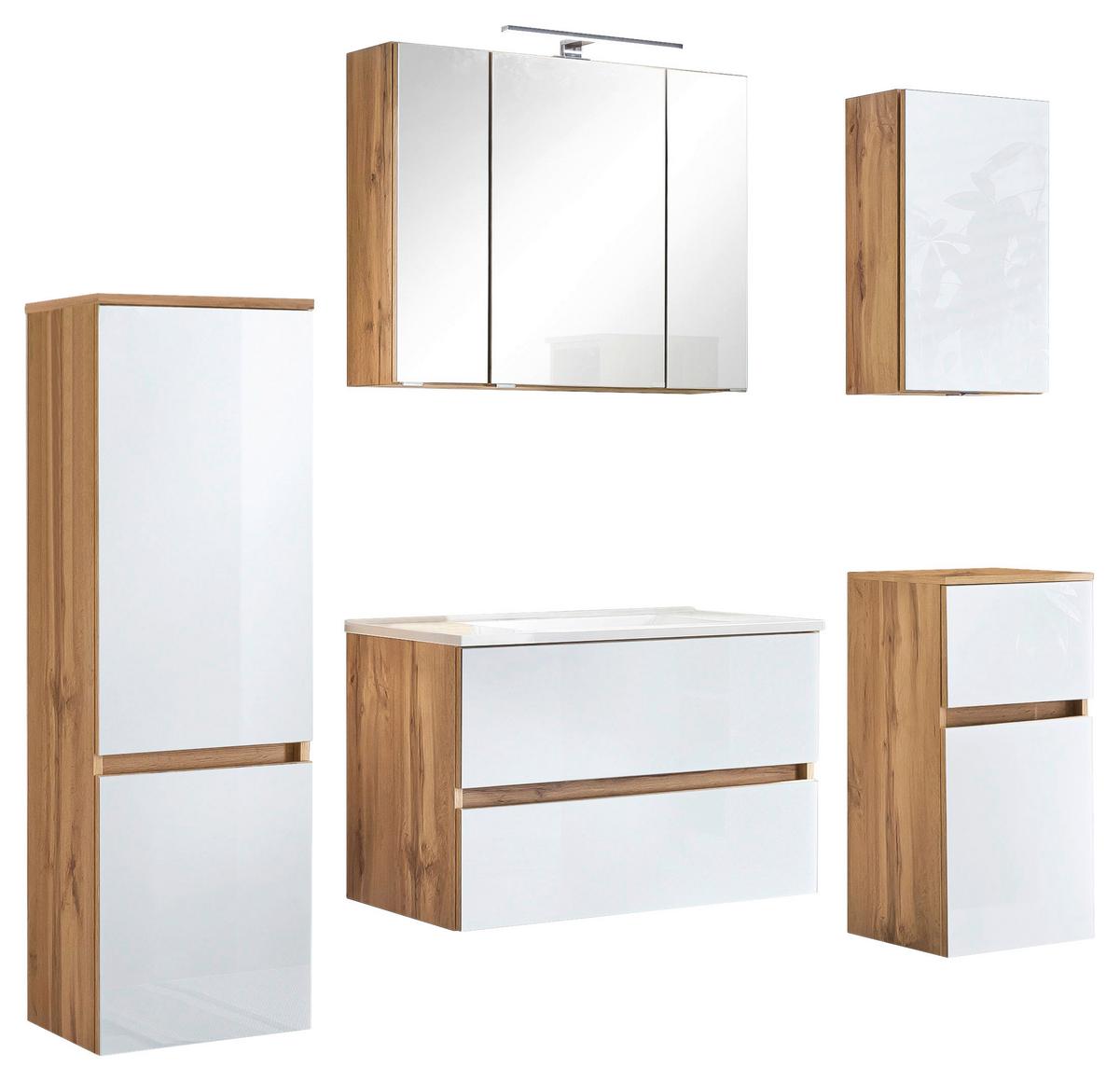 Badmöbel-Set 6-Tlg. inkl. LED Helsinki, Weiß/Eiche - Eichefarben/Weiß, KONVENTIONELL, Glas/Holzwerkstoff (160cm) - Held