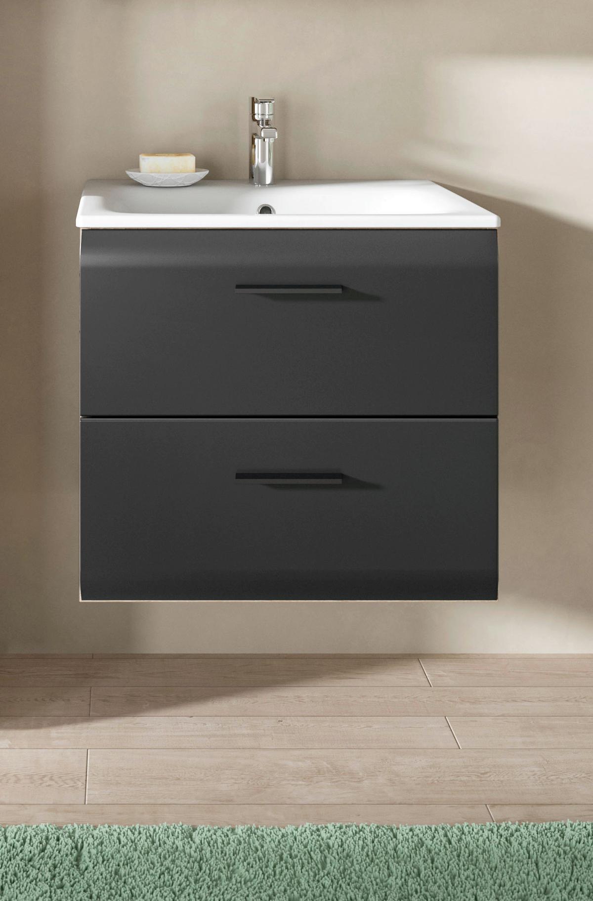 Waschtischkombi Ice Schwarz/Eiche Dekor B: 60cm - Eiche dunkel/Schwarz, Basics, Keramik/Holzwerkstoff (60cm) - MID.YOU