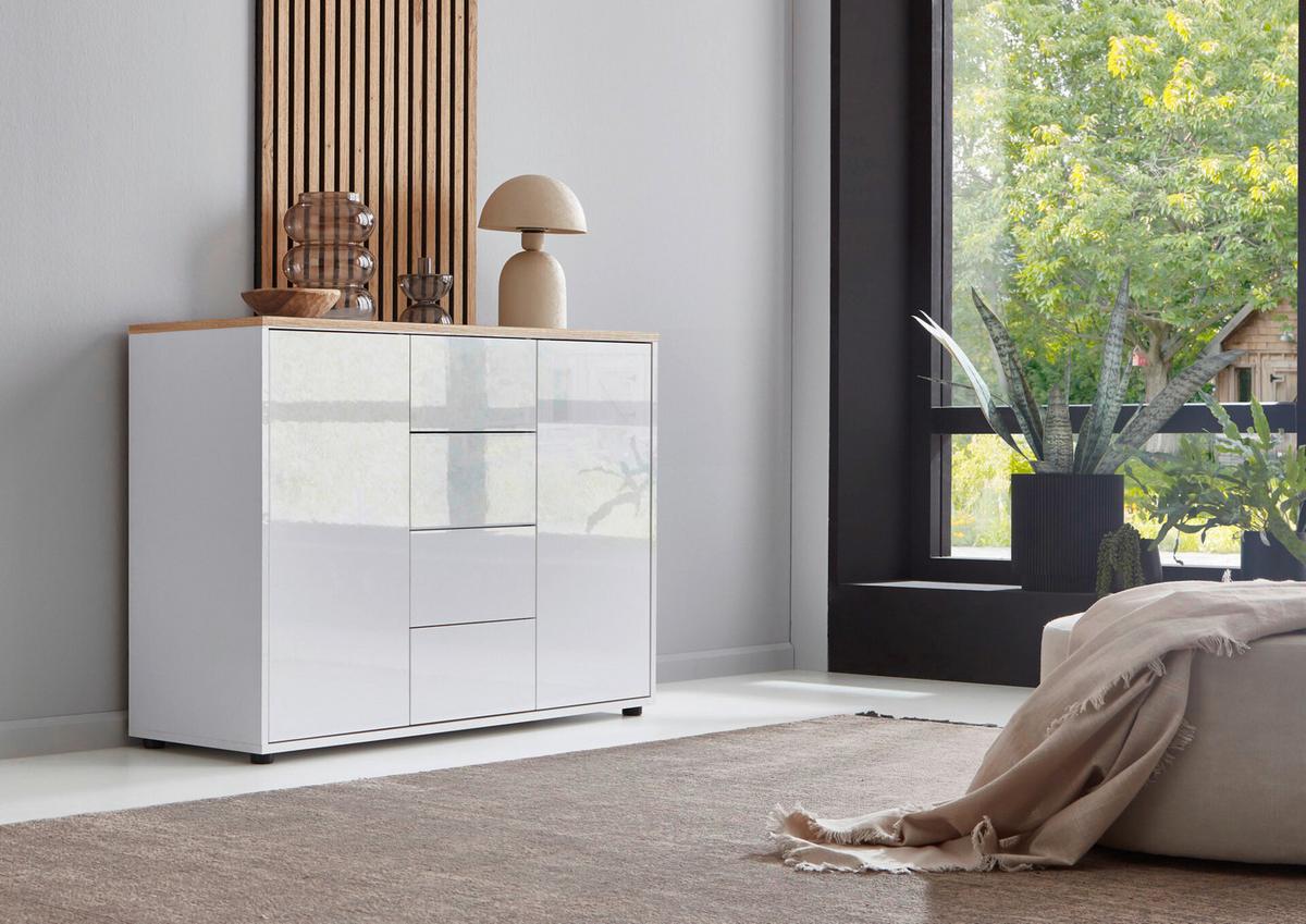 Sideboard Mailand Weiß/Eiche Artisan B: 184,5 cm - Weiß Hochglanz/Schwarz, MODERN, Holzwerkstoff (184,5/73/33cm) - MID.YOU