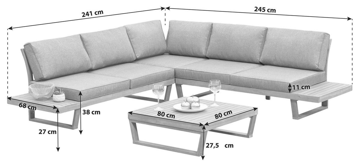 Loungegarnitur Valparaiso Aus Echtholz mit Kissen - Naturfarben/Grau, MODERN, Holz/Textil (241/245cm) - Gardenson