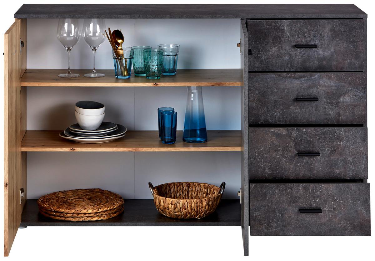 Kommode B: 143 Cm Tim, Betonoptik Dunkel/eiche Dekor - Eichefarben/Alufarben, MODERN, Holzwerkstoff (143/90,2/38cm)
