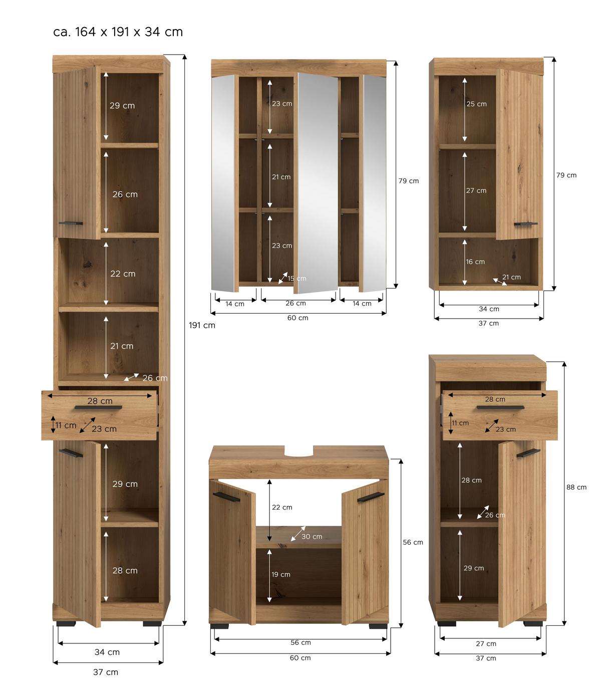 Badezimmer Scout Eiche Artisan Dekor B: 134cm - Schwarz/Eiche Artisan, Trend, Glas/Holzwerkstoff (134cm) - MID.YOU