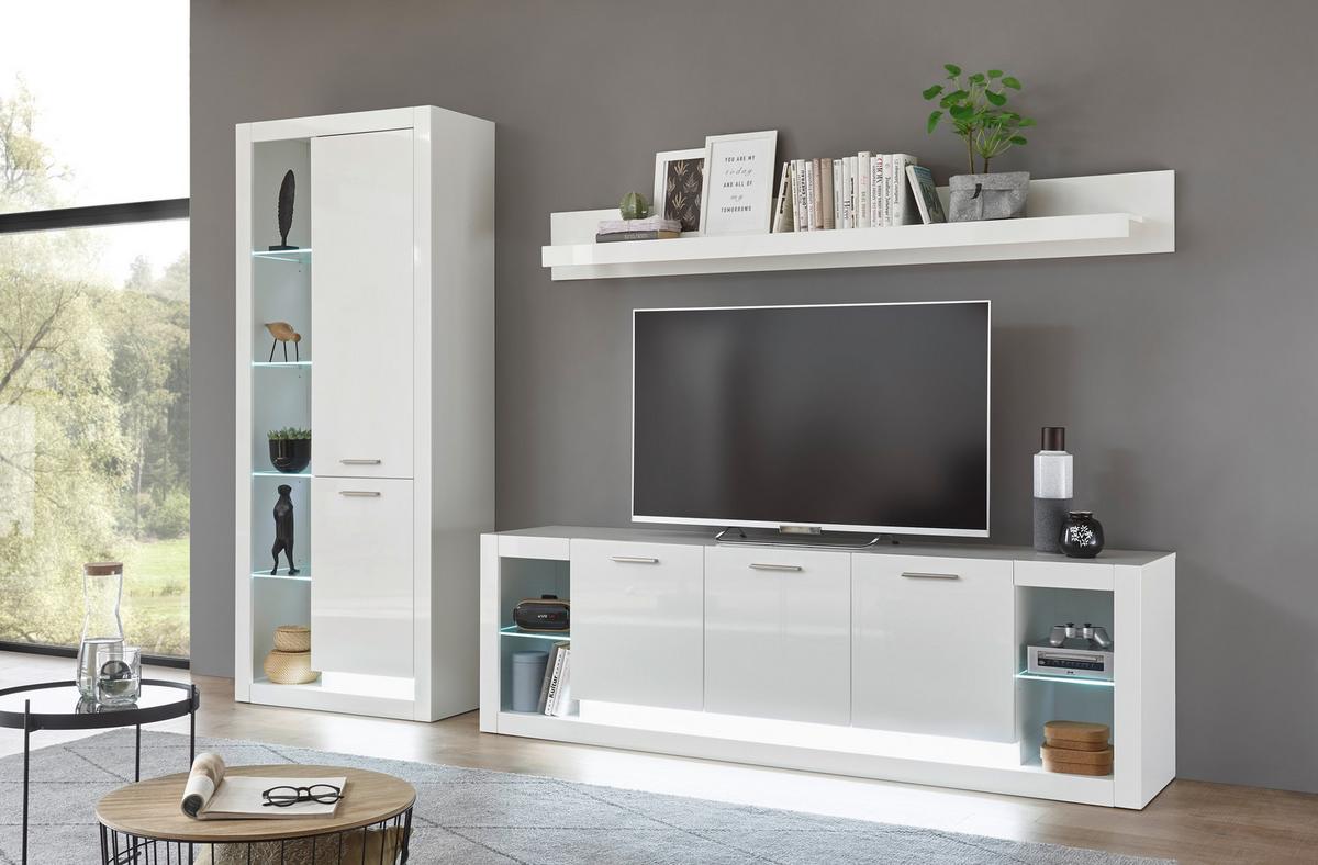 Lowboard Meran Weiß B: 198 cm - Weiß Hochglanz/Weiß, Design, Glas/Holzwerkstoff (198/49/43cm) - MID.YOU