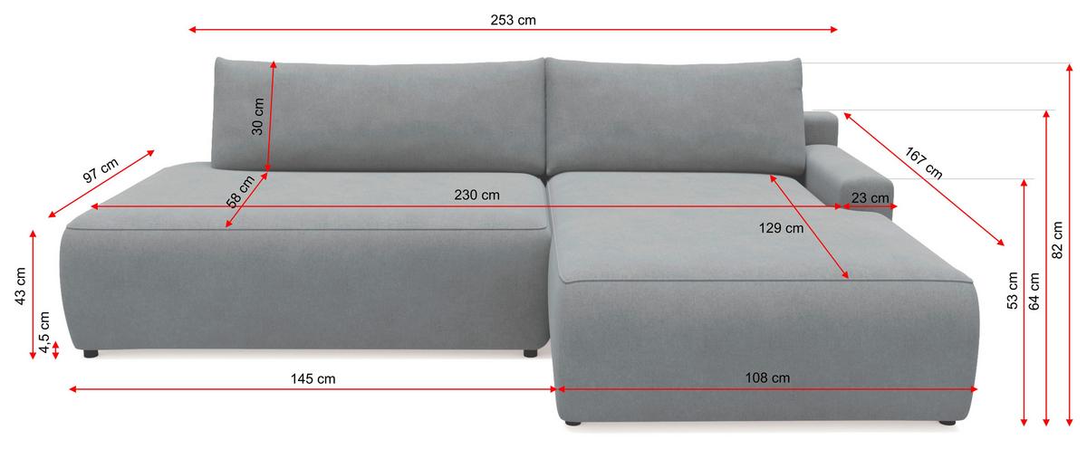 Eckschlafsofa Prag, Grau S: 167x253 cm - Schwarz/Grau, MODERN, Textil (167/253cm) - Trendmanufaktur