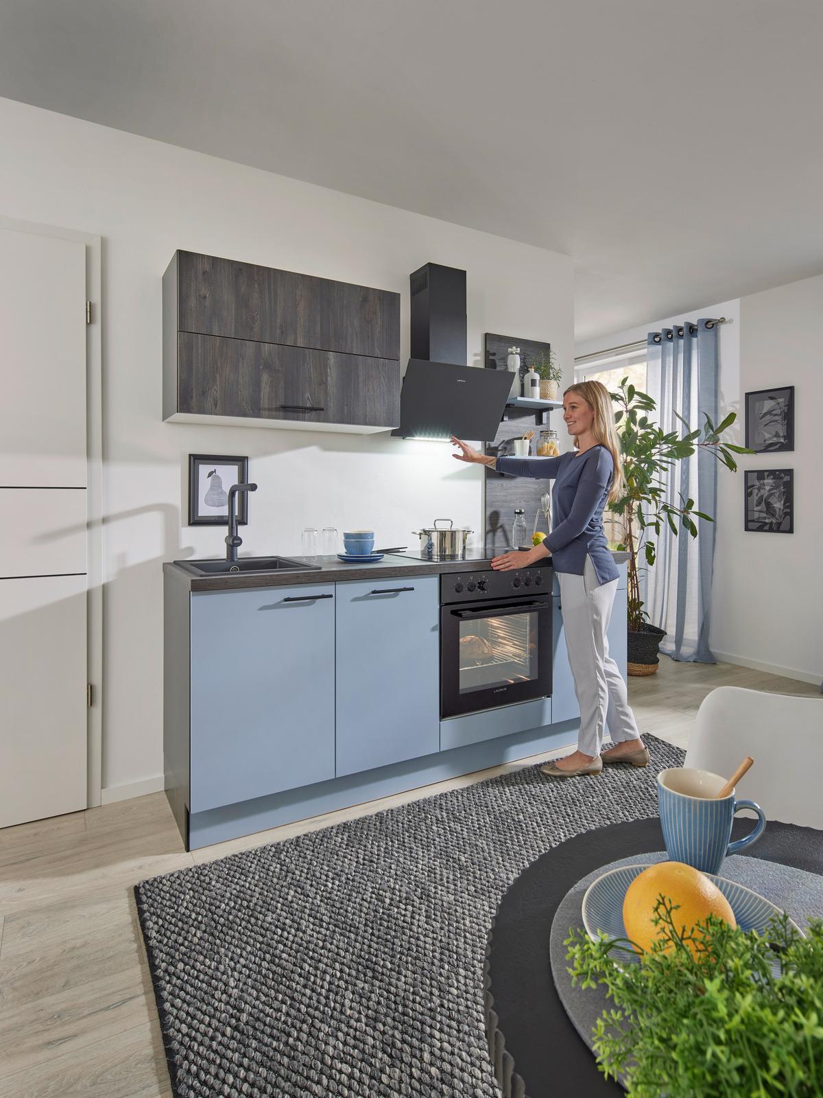 Küchenblock Pn105 / Pn100 - Eiche dunkel/Pastellblau, Basics, Holzwerkstoff (205cm) - Pino