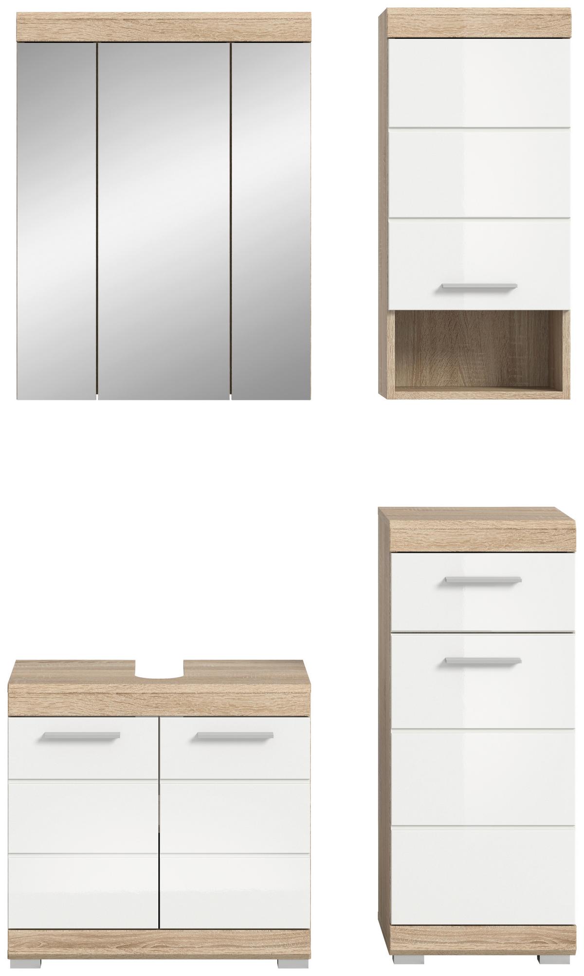 Badezimmer Lambada Eiche Dekor/Weiß B: 97 cm - Weiß Hochglanz/Silberfarben, MODERN, Glas/Holzwerkstoff (97cm) - MID.YOU