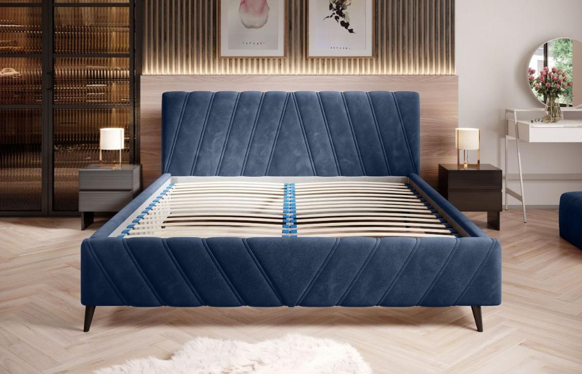 Čalúnená posteľ Melli s roštom 160x200cm - čierna/tmavomodrá, Design, drevo/textil (160/200cm)