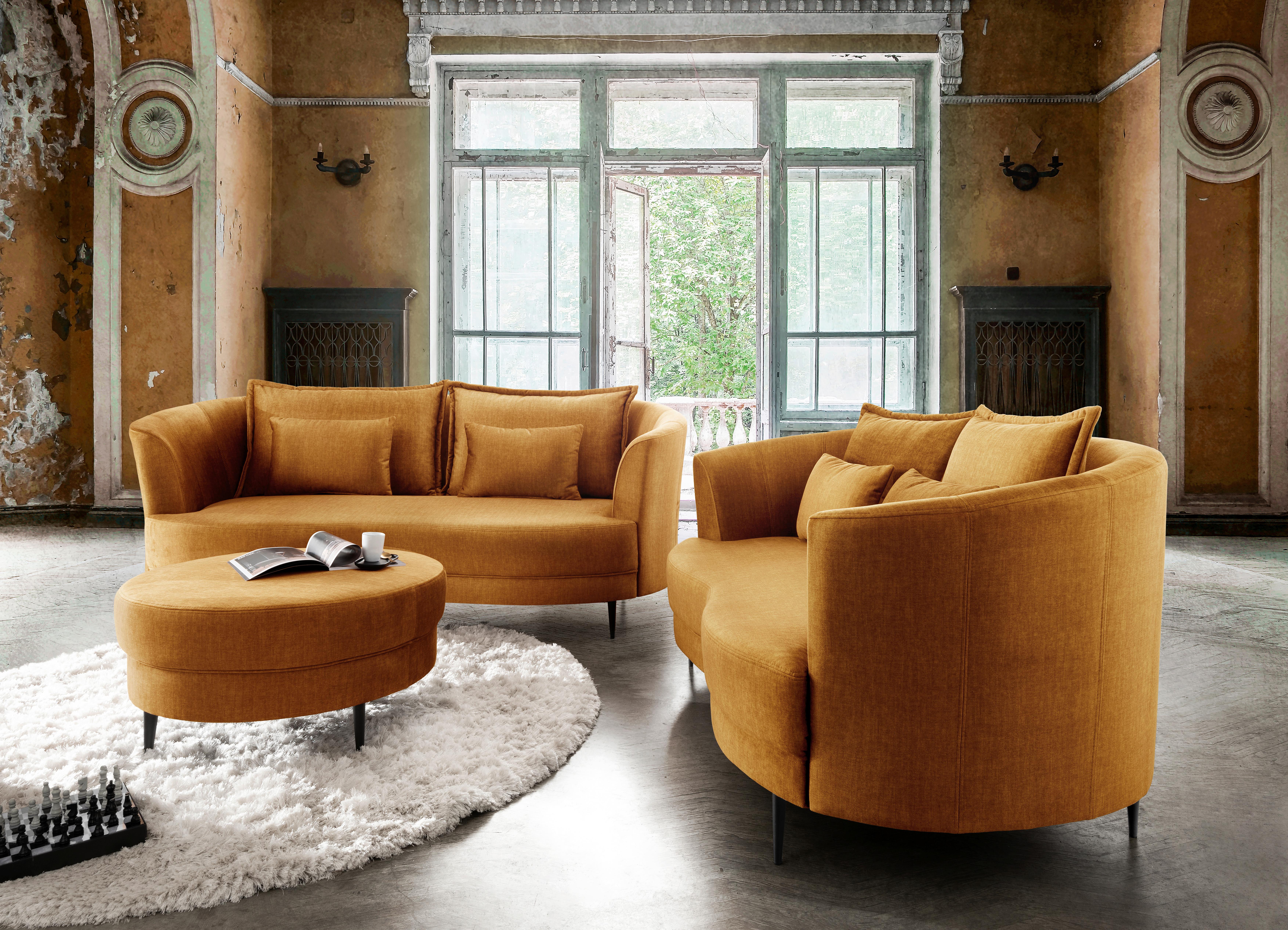 2-Sitzer-Sofa Gelb Velours, Rücken Echt B: 179 cm - Gelb/Schwarz, MODERN, Textil (179/85/101cm) - Livetastic