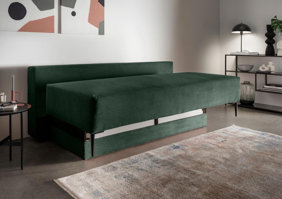 Schlafsofa Petri Dunkelgrün Cord, Rücken Echt B: 198 cm - Dunkelgrün/Schwarz, MODERN, Textil (198/90/100cm) - Livetastic