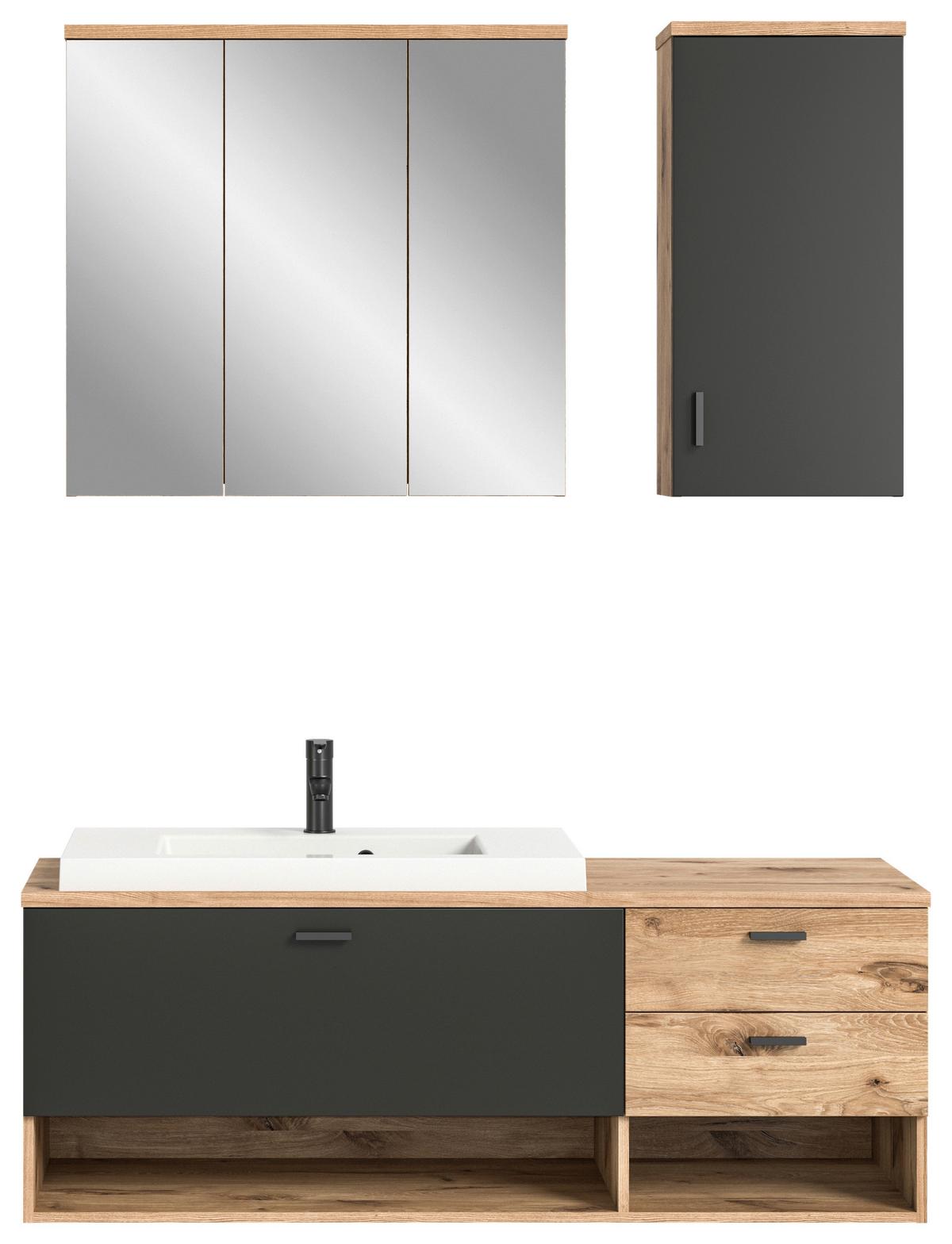 Badezimmer Grado Eiche Dekor/Grau - Dunkelgrau/Weiß Hochglanz, MODERN, Glas/Keramik (138cm) - MID.YOU
