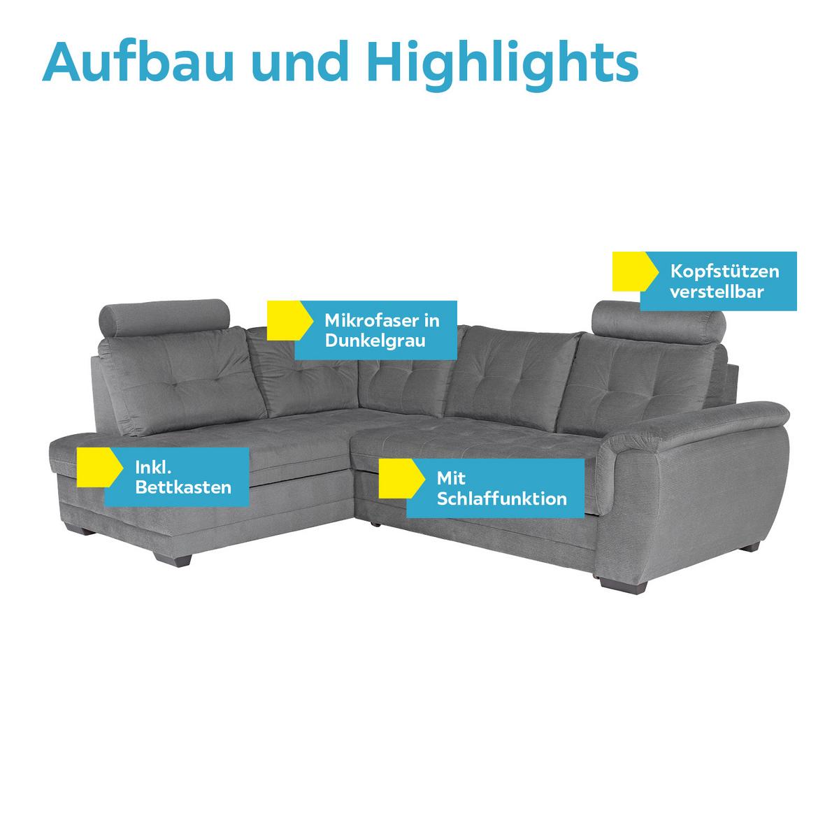 Ecksofa mit Schlaffunktion + Bettkasten Falco, Mikrofaser - Dunkelgrau/Dunkelbraun, KONVENTIONELL, Textil (183/251cm) - Ondega