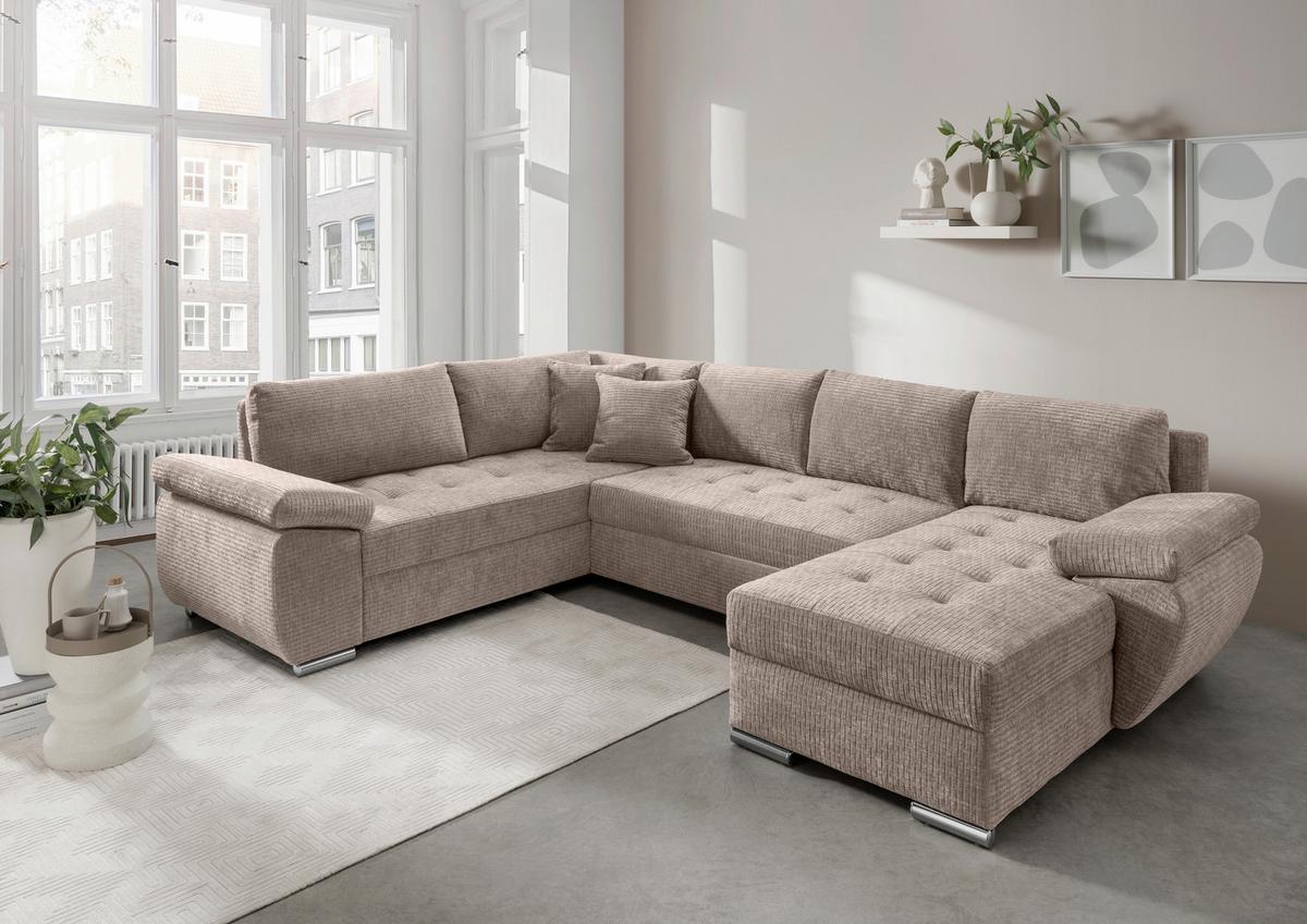 Wohnlandschaft Terana Beige mit Schlaffunktion, Mikrofaser - Chromfarben/Beige, KONVENTIONELL, Textil (219/305/157cm) - Livetastic