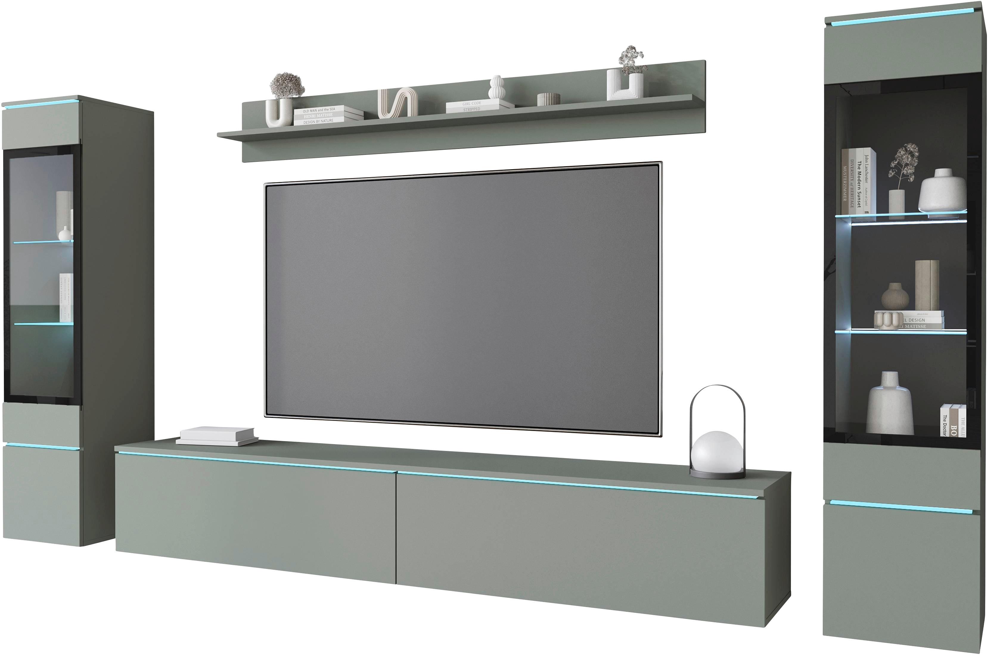 Wohnwand Vera II 4-Teilig Grün B: 240 cm - Grau/Grün, Trend, Glas/Holzwerkstoff (240/130/33cm)