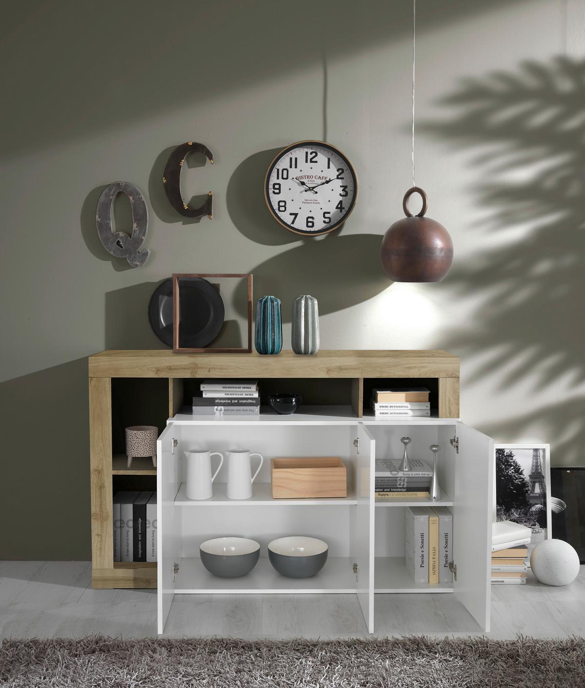 Sideboard Hamburg Eiche Dekor, Weiß Hg B: 146cm - Weiß Hochglanz/Eichefarben, MODERN, Holzwerkstoff (146/93/42cm)