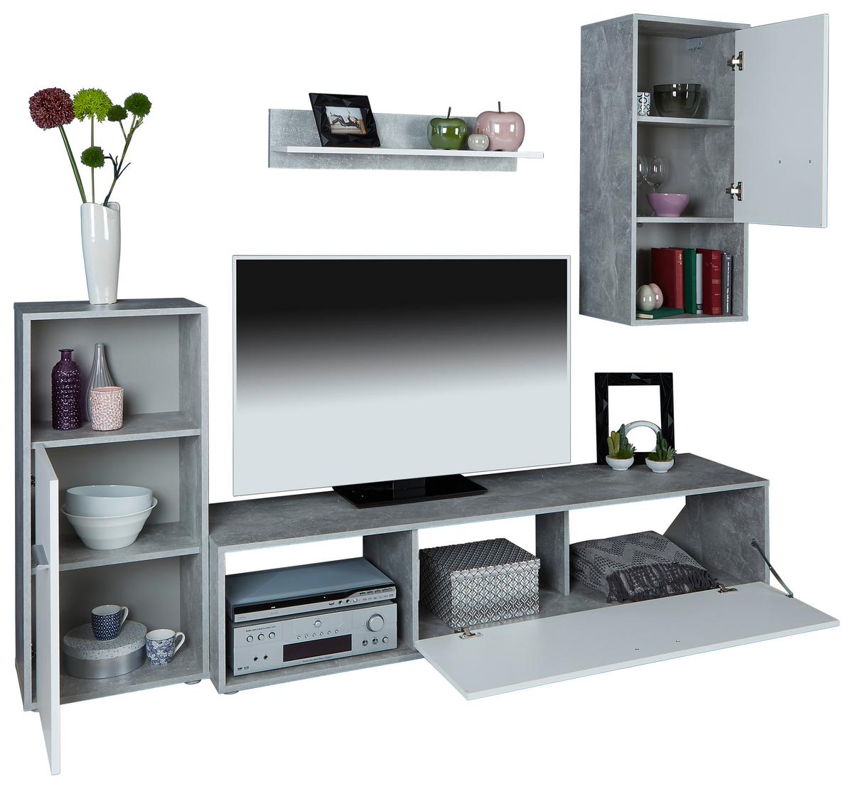 Wohnwand Modern 4 -Teilig. Aran Betonoptik/Perlweiß - Hellgrau/Schwarz, MODERN, Holzwerkstoff (221/183,5/40cm)