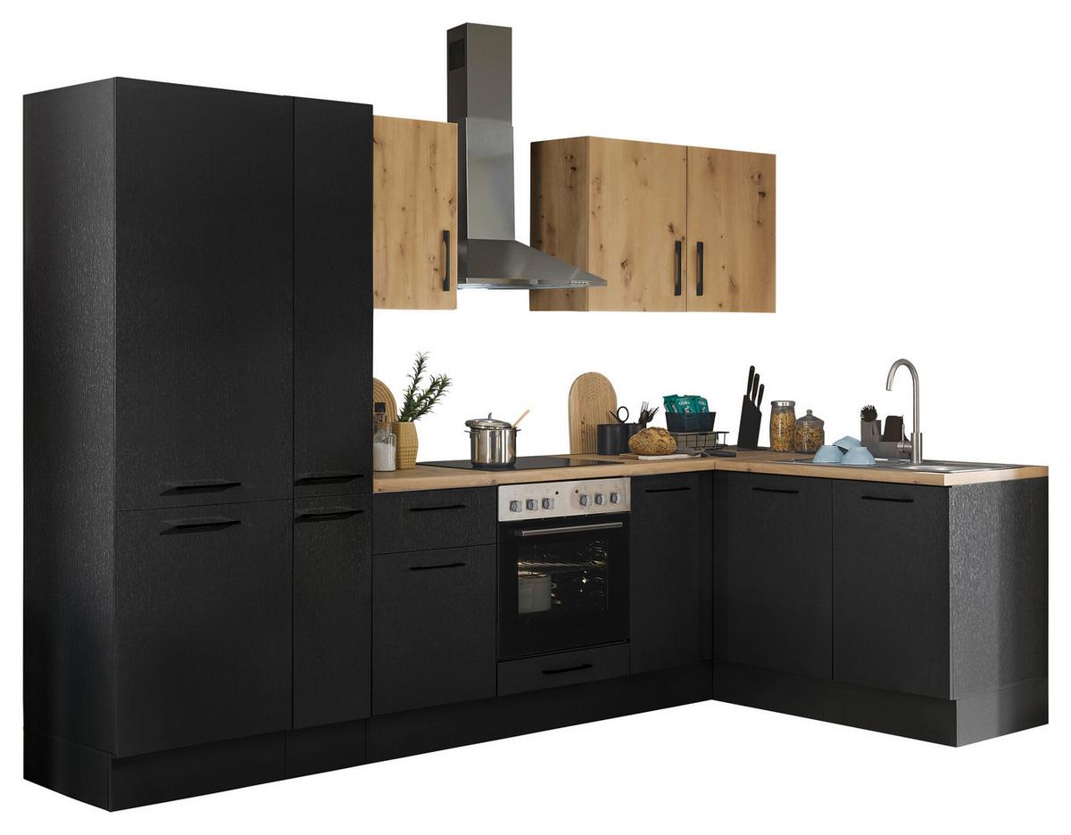 Eckküche Turin Schwarz/Eiche Dekor 300x165 cm - Schwarz/Eiche Artisan, Basics, Holzwerkstoff (300/165cm) - MID.YOU