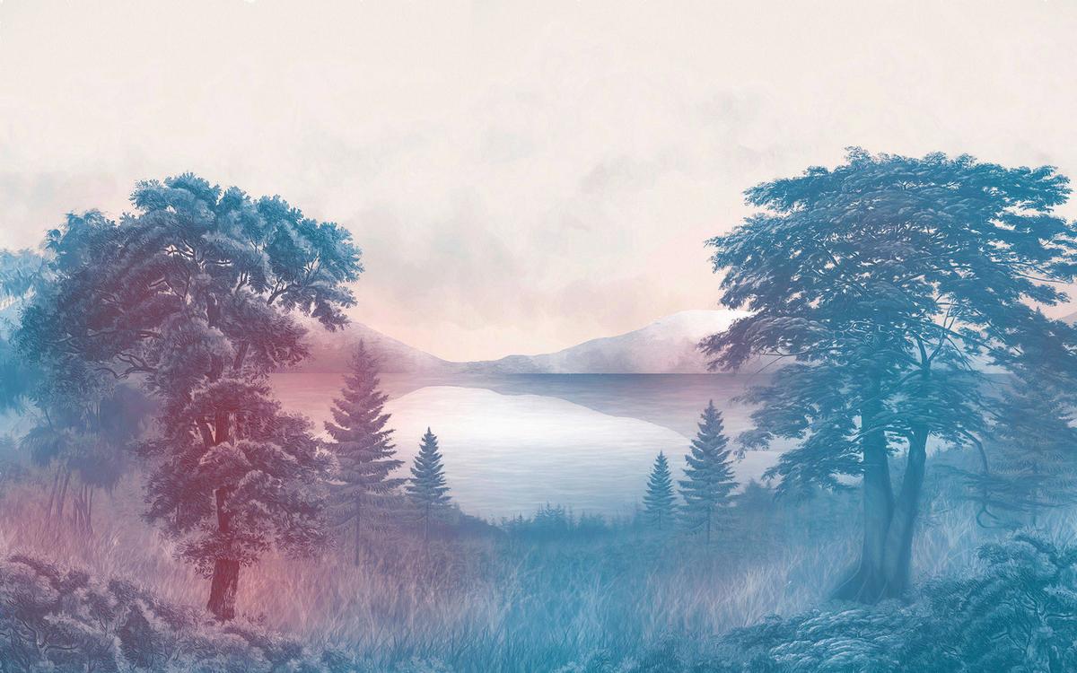 Vliestapete Forestland - Blau/Rosa, Basics (400/250cm) - Komar