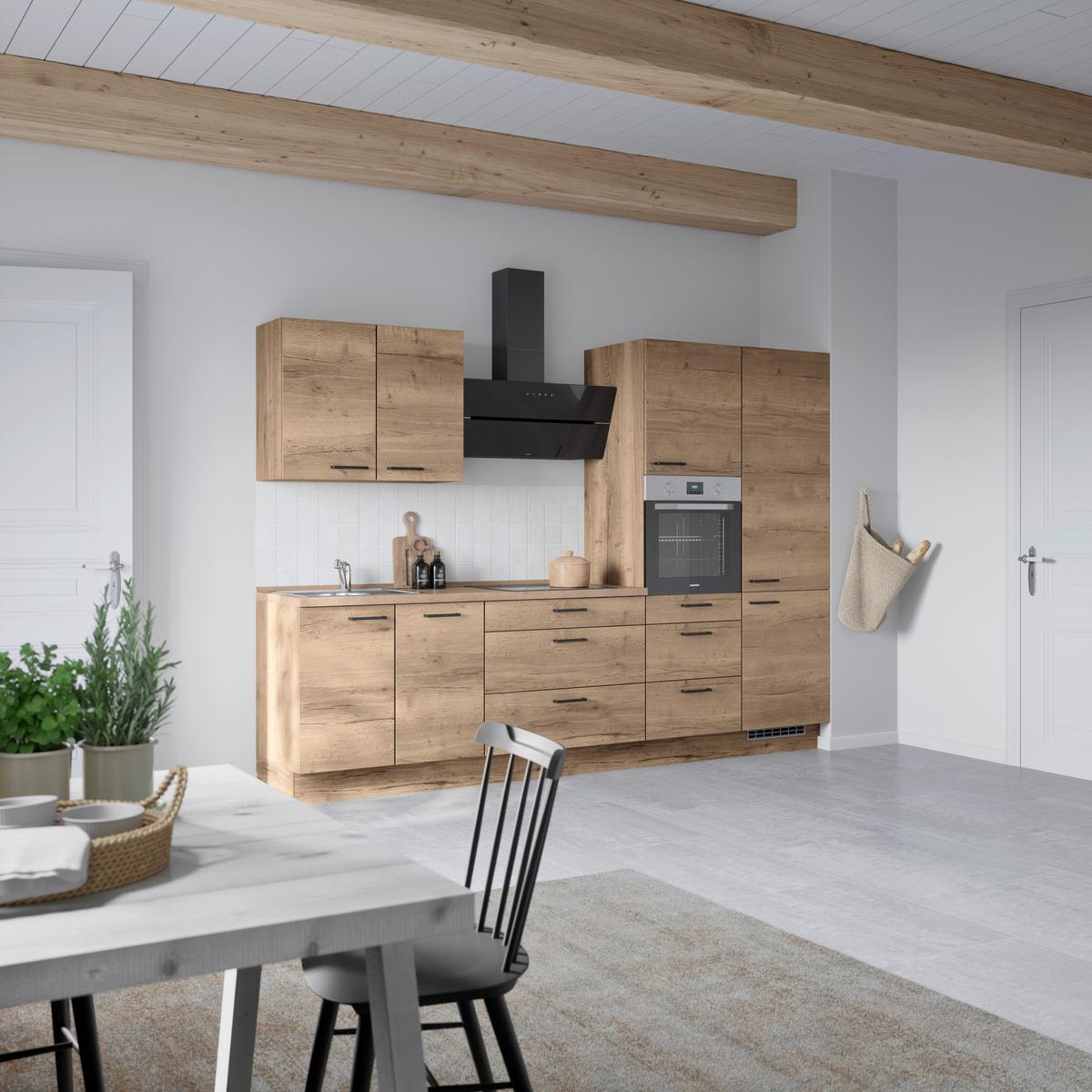 Kuchyňská linka 300 cm, dekor dub Havanna - černá/tmavý dub, Moderní, kov/kompozitní dřevo (300cm) - Nobilia