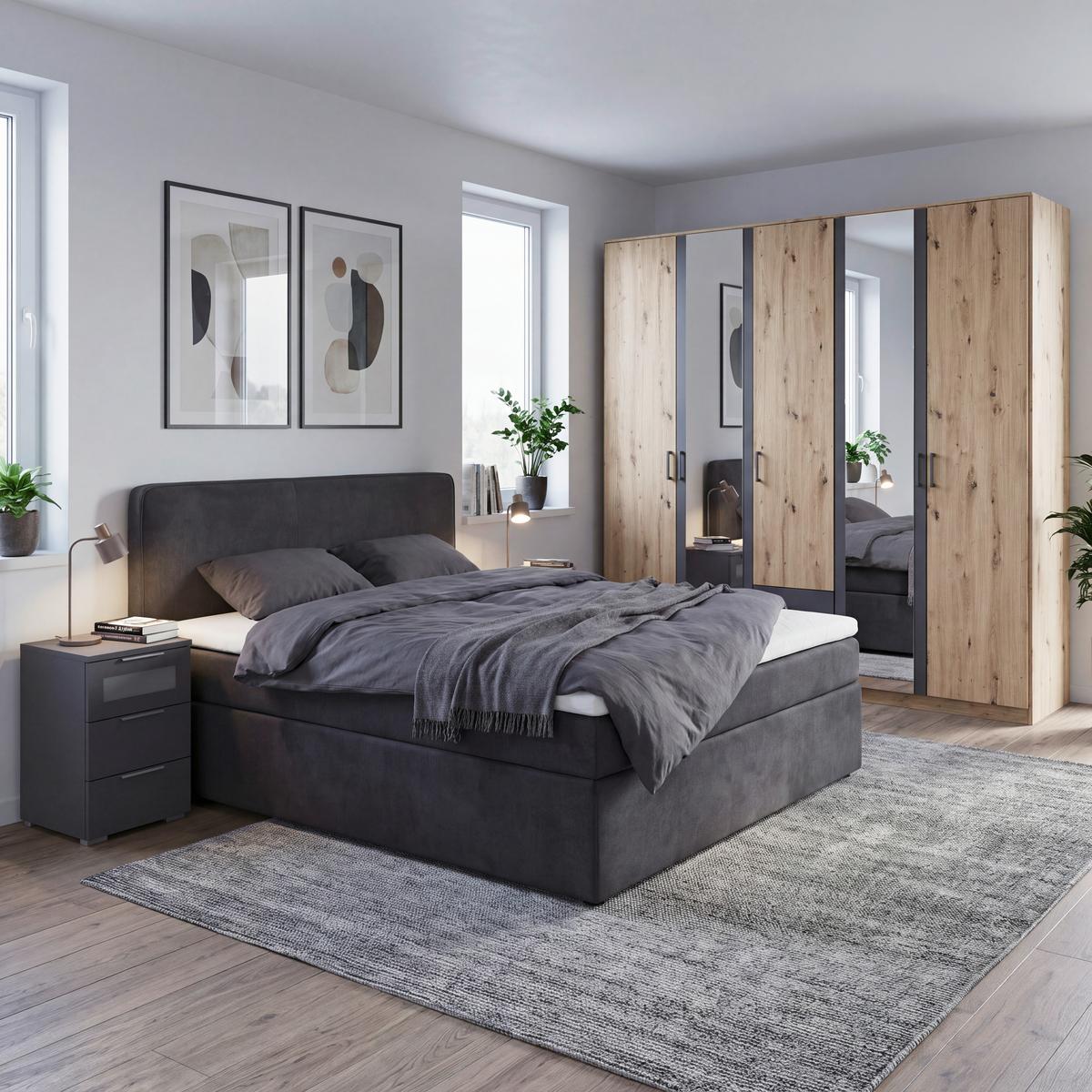 Boxspringbett mit Topper 160x200 cm Jubi - Anthrazit/Schwarz, KONVENTIONELL, Holz/Textil (160/200cm)