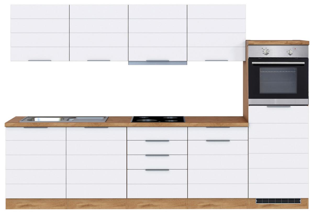 Küchenzeile Florenz mit Geräten 300 cm Weiß/Eichefarben - Eiche Wotan/Weiß, Design, Holzwerkstoff (300cm) - Held