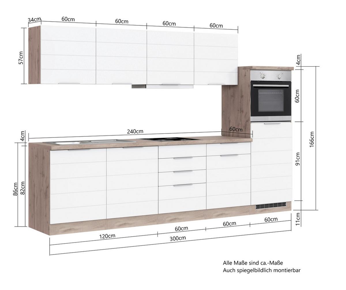 Küchenzeile Florenz mit Geräten 300 cm Weiß/Eichefarben - Eiche Wotan/Weiß, Design, Holzwerkstoff (300cm) - Held