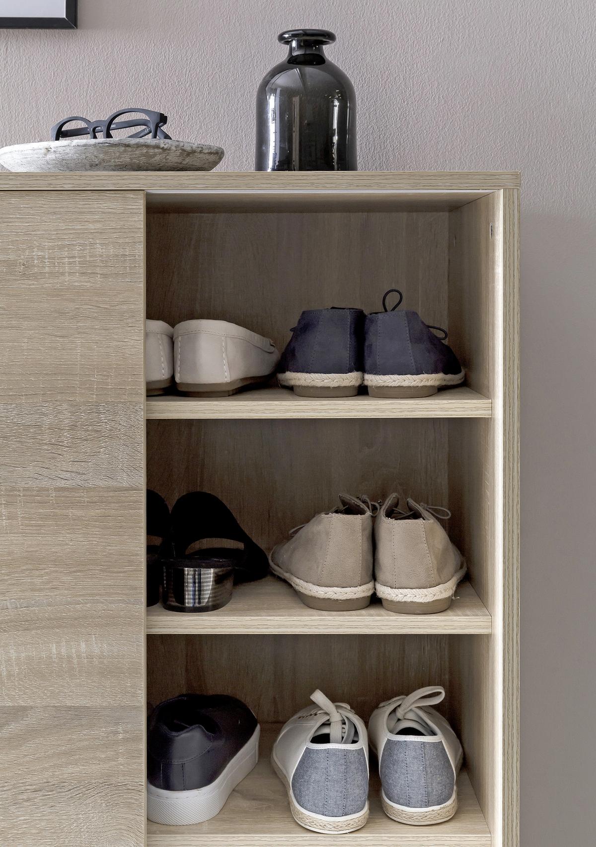 Schuhschrank Sonoma Eiche Dekor 2 Schiebetüren B: 100 cm - Silberfarben/Sonoma Eiche, KONVENTIONELL, Holzwerkstoff (100/108/37,5cm) - MID.YOU