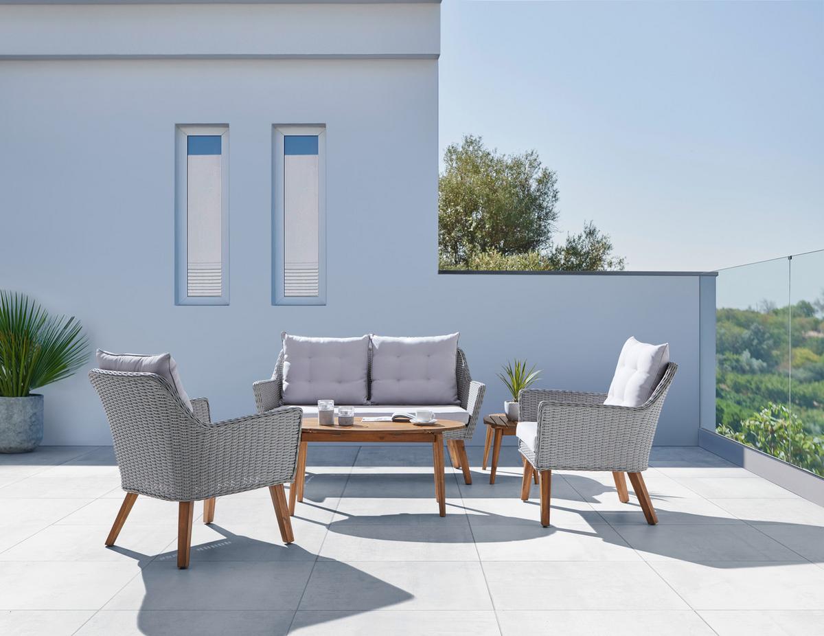 TERASOVÁ SEDACÍ SOUPRAVA BRÜSSEL - šedá/přírodní barvy, Moderní, dřevo/textil - Zandiara