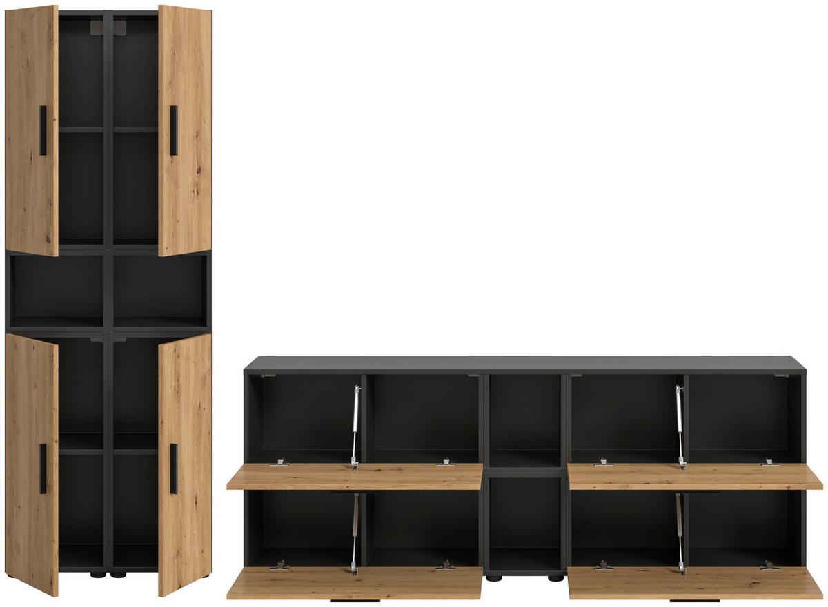 Wohnwand, The One 3, B: 300 cm Artisan Eiche Dekor/Grau - Schwarz/Eiche Artisan, Trend, Holzwerkstoff (260/182/34cm)