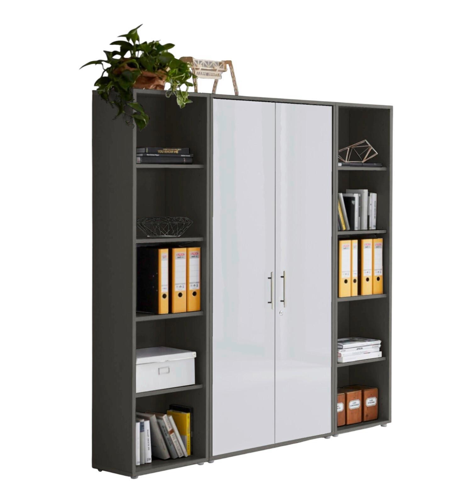 AKTENSCHRANK OFFICE EDITION - SW SET 3 - Weiß Hochglanz/Anthrazit, MODERN, Holzwerkstoff (172,6/185,6/33cm) - MID.YOU