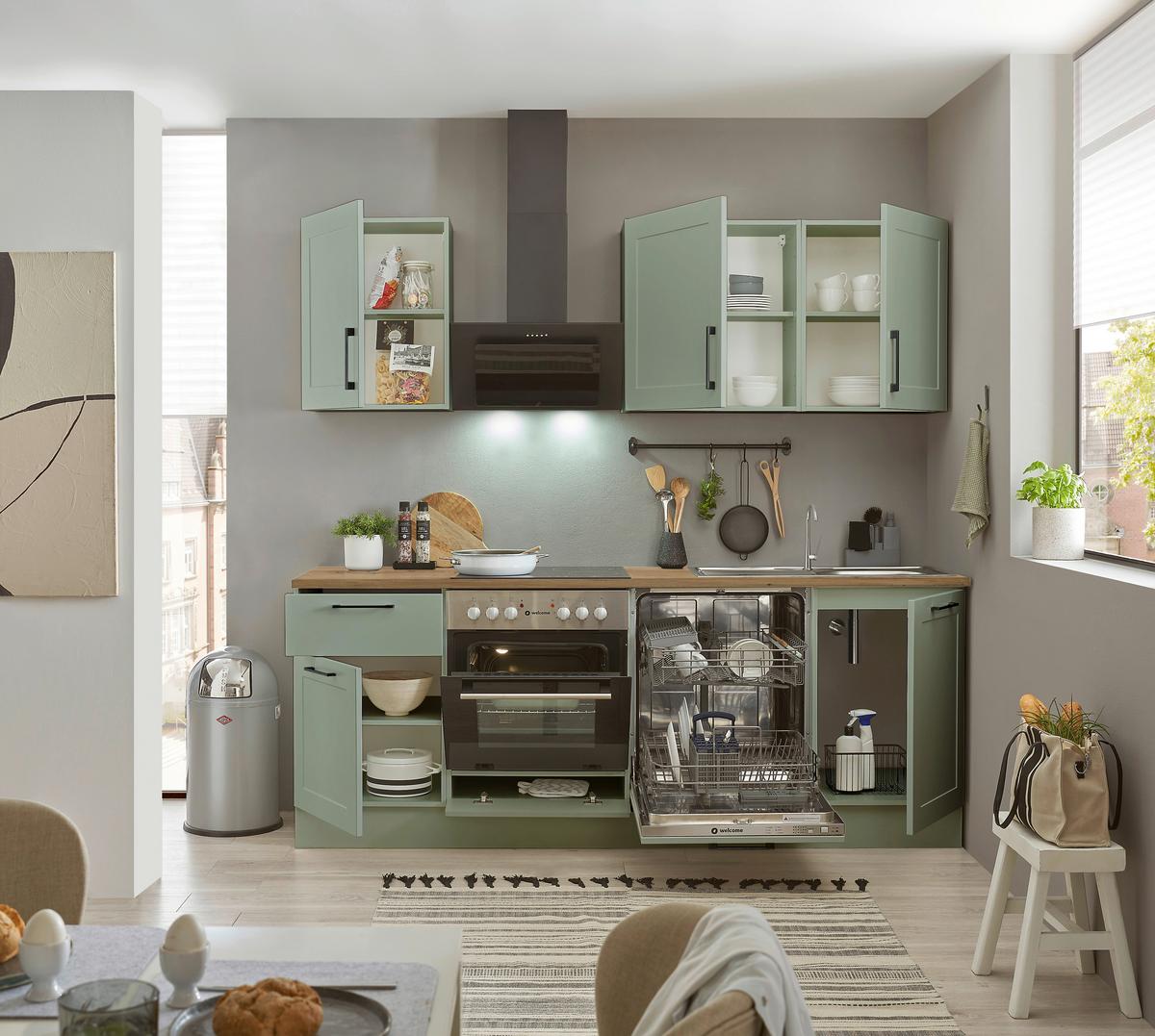 Kuchyňský blok bez spotřebičů MARSEILLE, šířka 220 cm - černá/zelená, Design, kov/kompozitní dřevo (220cm) - MID.YOU