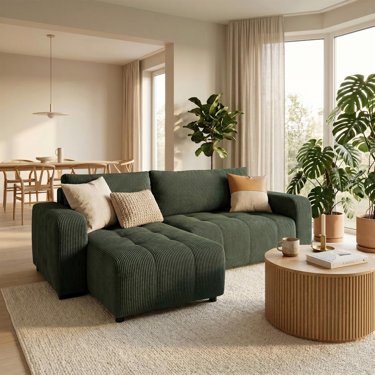 Ecksofa mit Bettfunktion Marseille, waldgrün - Waldgrün/Schwarz, Trend, Holz/Holzwerkstoff (155/240cm)
