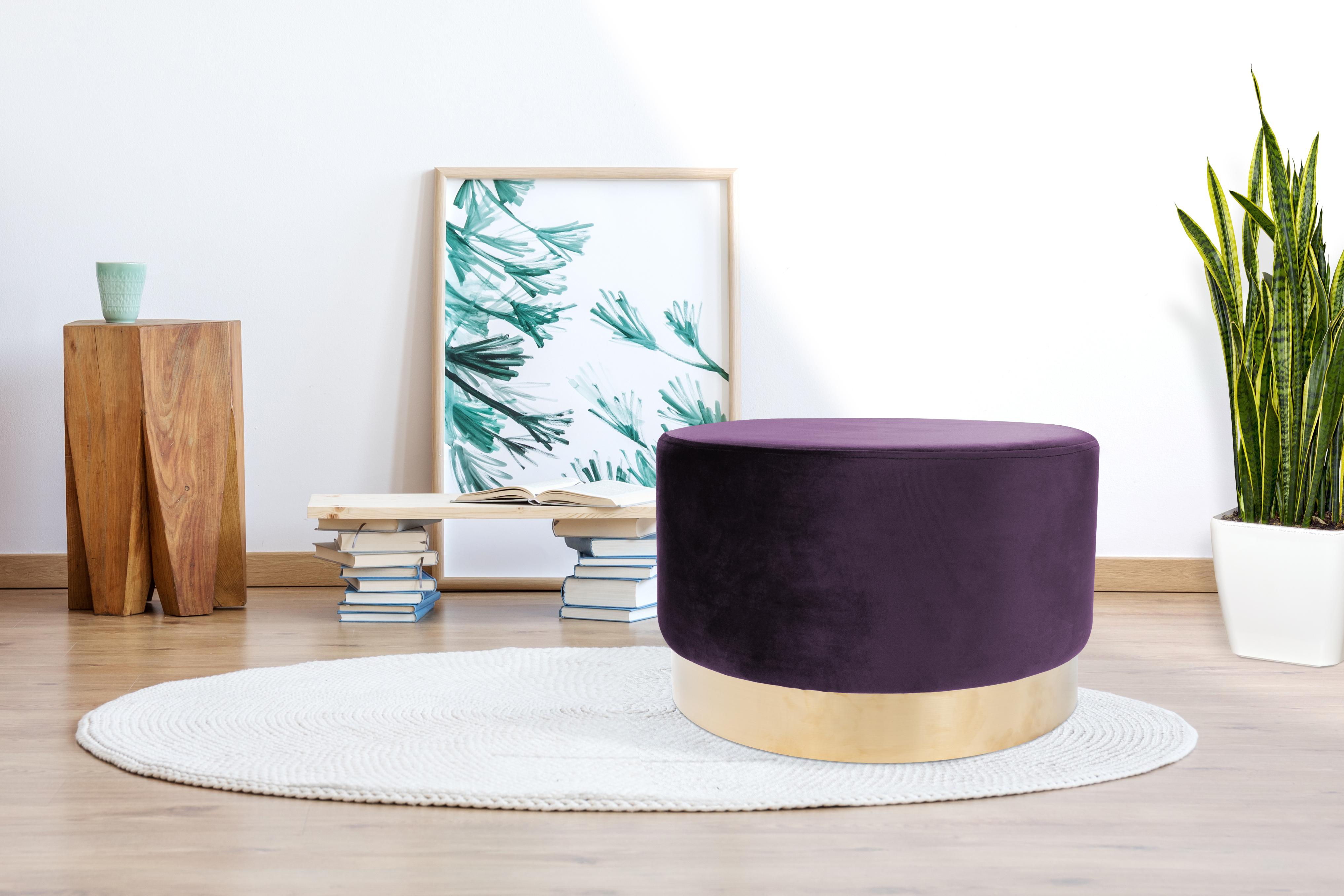 Hocker Samt Violett Sitz Gepolstert H: 43 cm - Violett/Goldfarben, Basics, Holz/Holzwerkstoff (55/43cm) - Kayoom