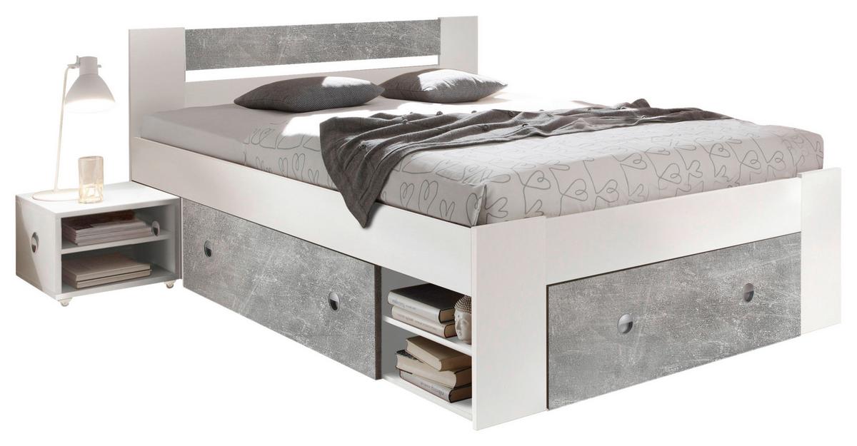 Bettanlage mit Stauraum 140x200 cm Stefan Betonoptik - Weiß/Grau, MODERN (140/200cm) - MID.YOU
