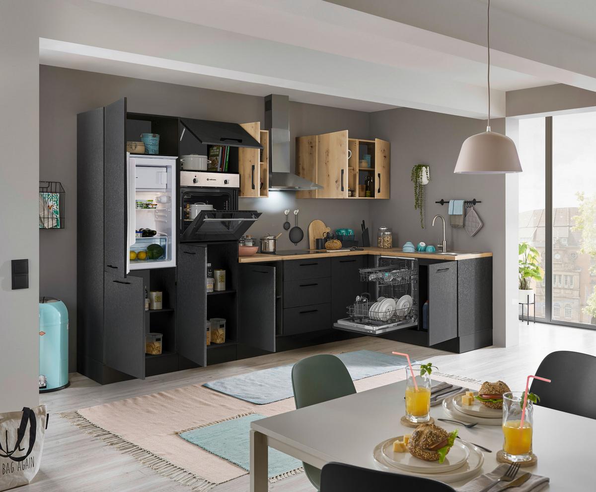 Eckküche Turin Schwarz/Eiche Dekor 340x175 cm - Schwarz/Eiche Artisan, Basics, Holzwerkstoff (340/175cm) - MID.YOU