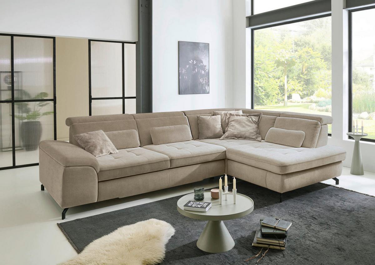 Rohová sedačka MIMA, pravá, sv.hnedá ženilka, bez funkcií - svetlohnedá/čierna, Modern, kov/textil (318/220cm)