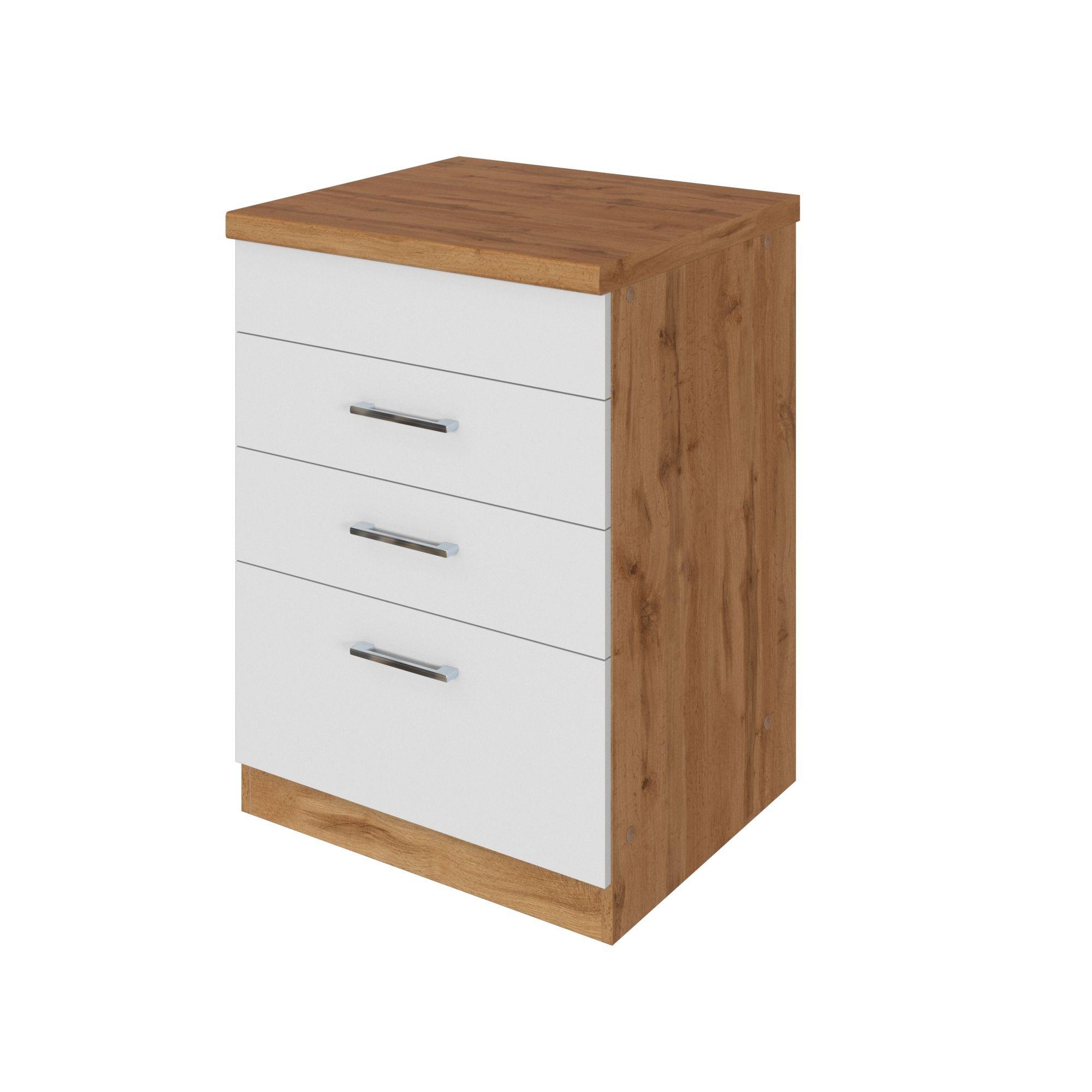 Küchenunterschrank B: 60 cm Weiß/Eiche Dekor - Weiß, MODERN, Holzwerkstoff (60/85/60cm) - Held
