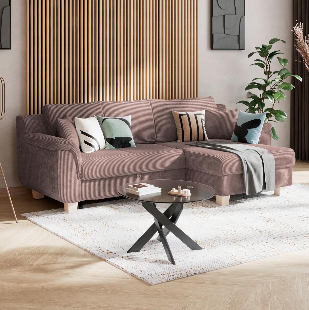 Rohová sedačka ALEX, růžový manšestr - růžová/přírodní barvy, Moderní, textil/plast (246/88cm)