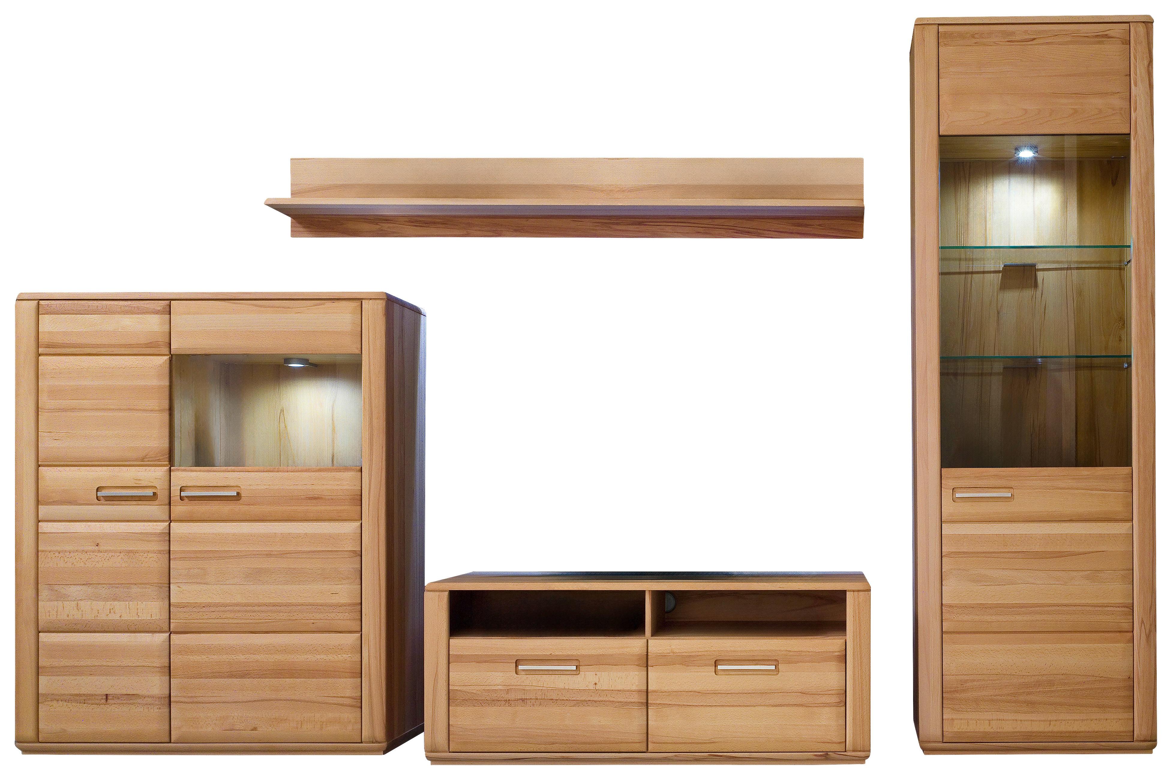 Wohnkombination Teilmassiv 4--Teilig. Sena Buchefarben - Buchefarben, Design, Glas/Holz (319/209/51cm) - Livetastic
