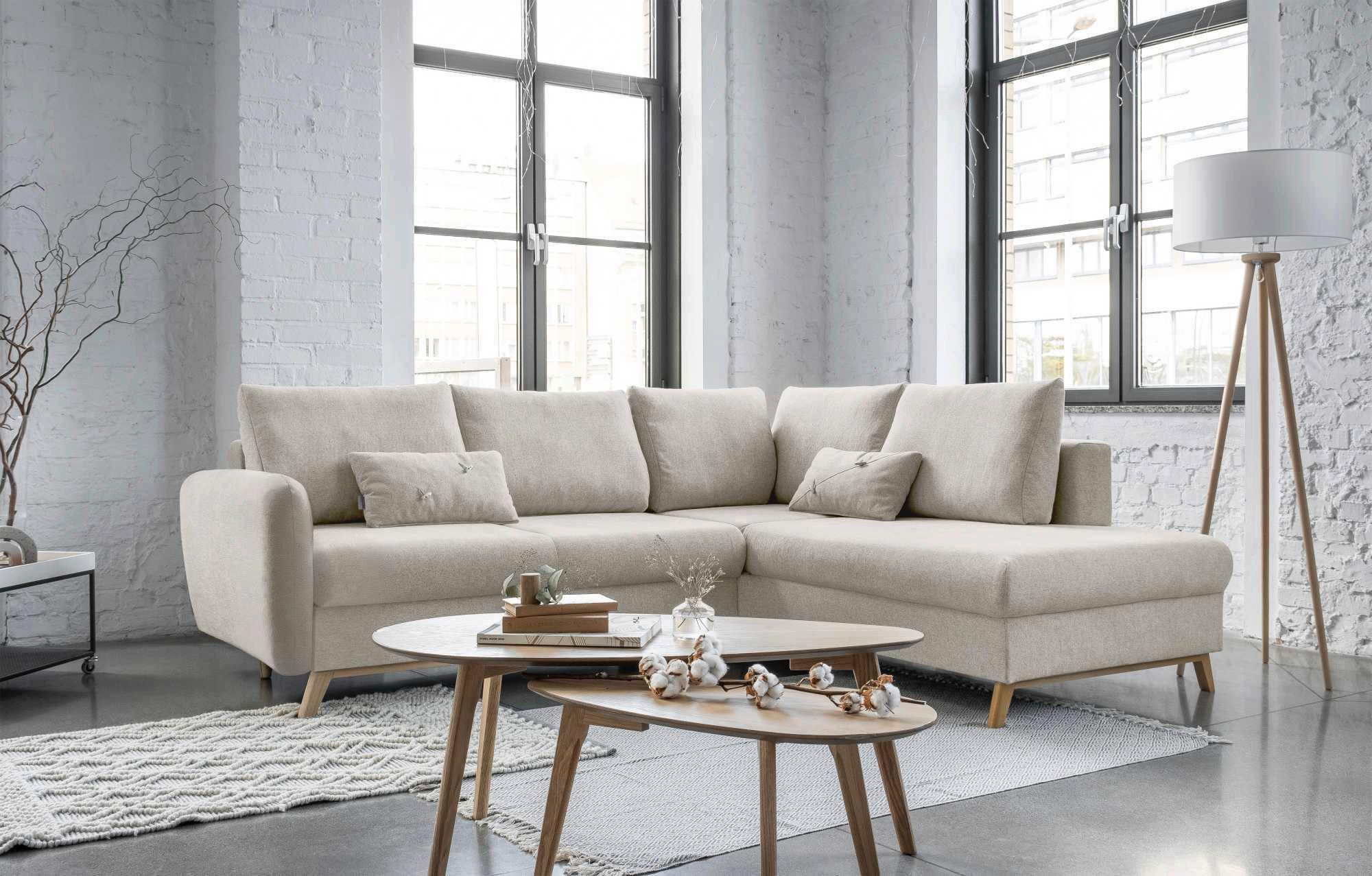 Sedačka LUCILE L, pravá, béžová, úl.priestor a lôžko - prírodná farba/béžová, drevo/textil (242/202cm) - MID.YOU