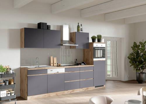 Küchenzeile Turin mit Geräten B: 300cm Grau/Wotaneiche Dekor - Eiche Wotan/Grau, Design, Holzwerkstoff (300cm) - Held
