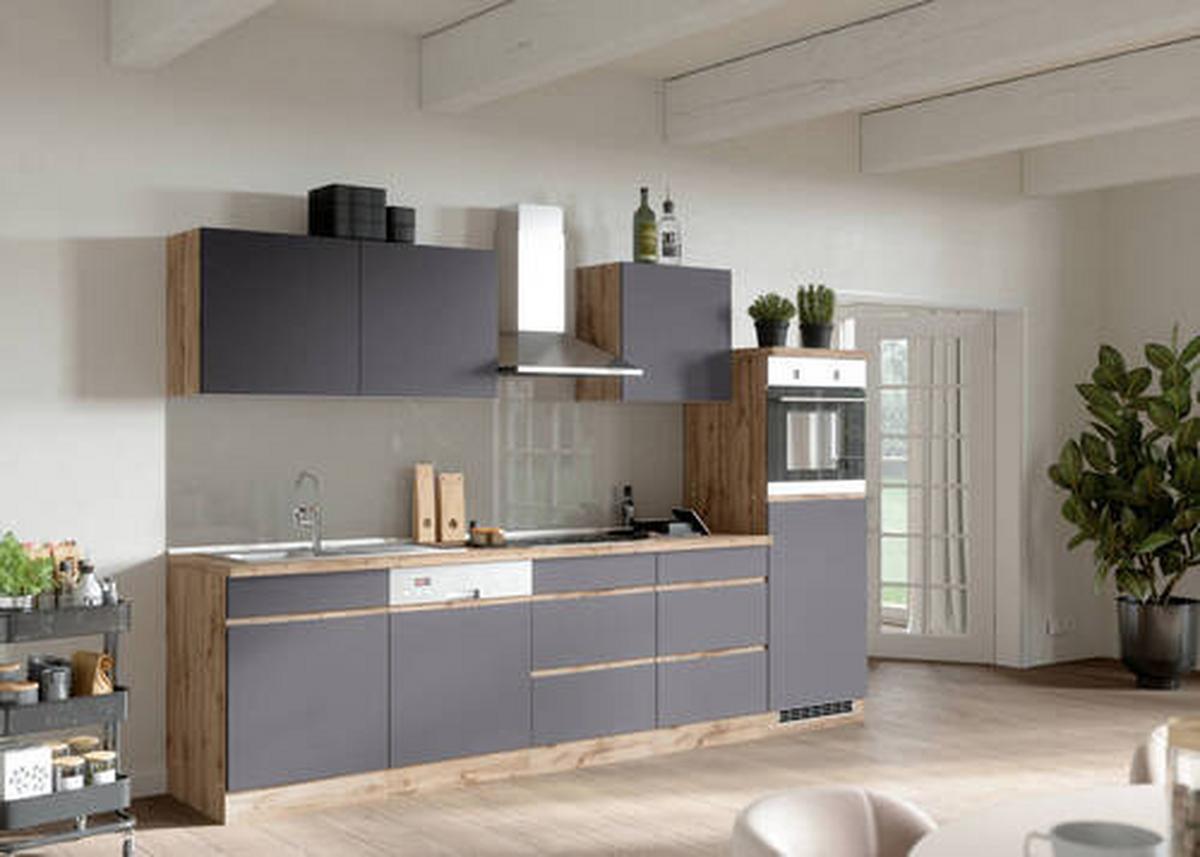 Küchenzeile Turin mit Geräten B: 300cm Grau/Wotaneiche Dekor - Eiche Wotan/Grau, Design, Holzwerkstoff (300cm) - Held