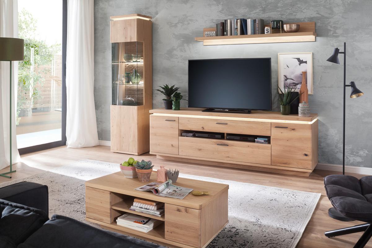 Wohnkombination Teilmassiv 3-Tlg. Barcelona Eichefarben - Eichefarben, Design, Glas/Holz (280/204/50cm) - Livetastic