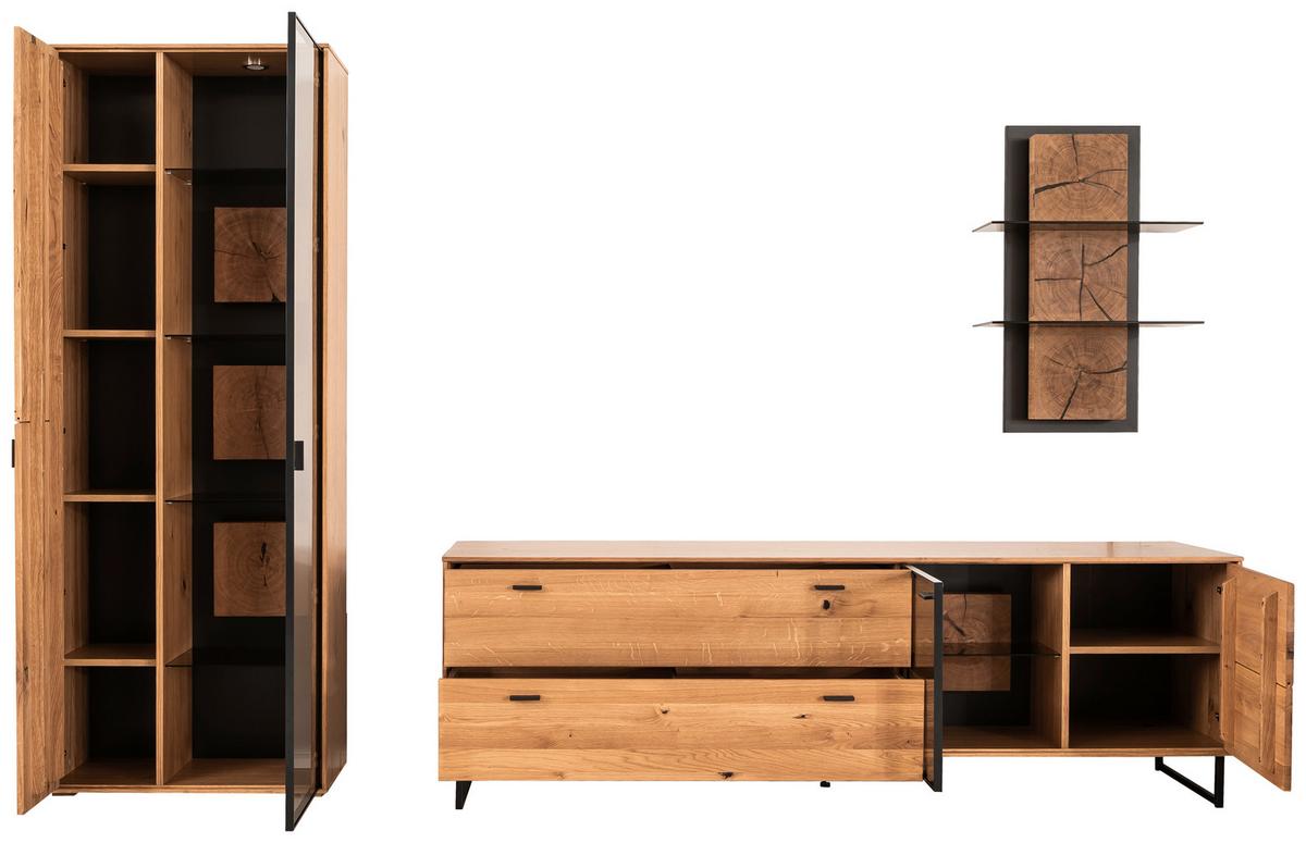 Wohnwand Assini Wildeiche B: 306 cm - Wildeiche/Schwarz, Design, Glas/Holz (306/206/50cm) - MID.YOU