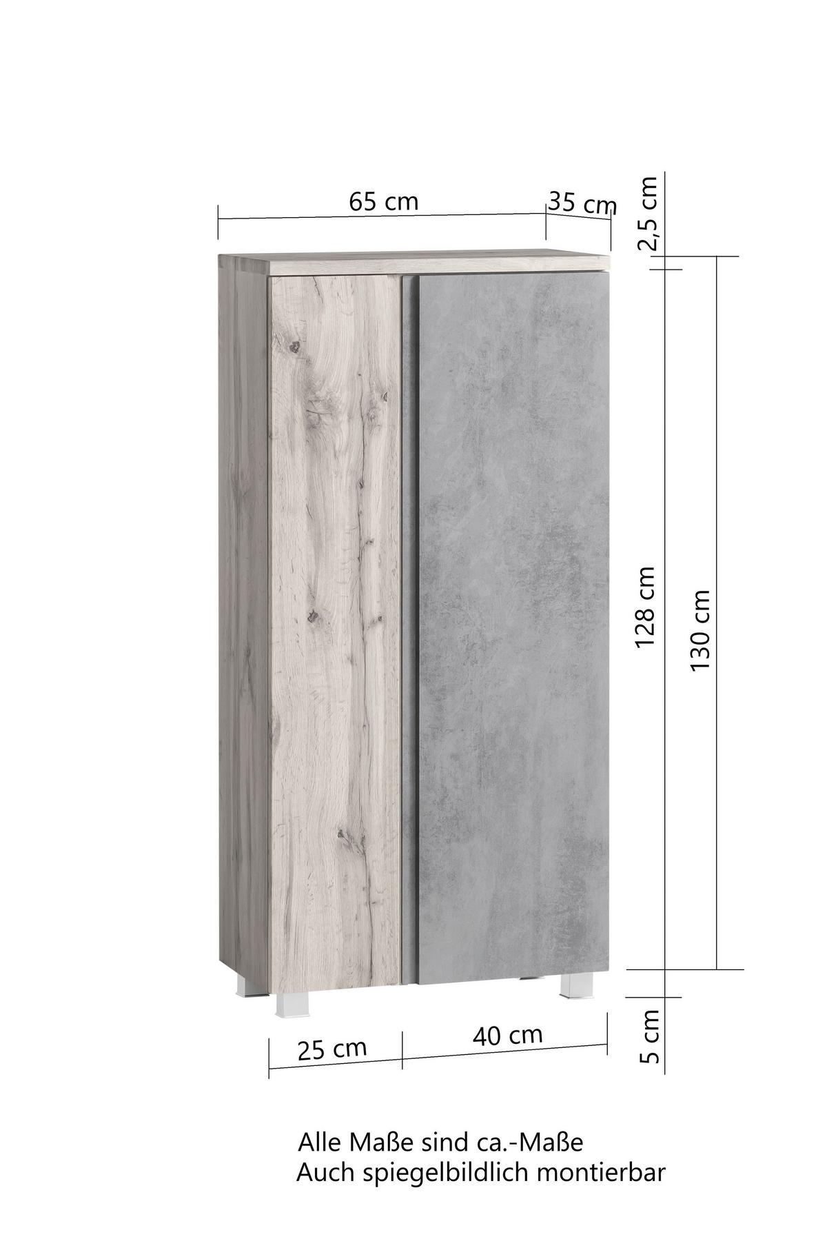 Midischrank Bad Landos BxH 65x130 cm Eiche Wotan - Eiche Wotan/Hellgrau, MODERN, Holzwerkstoff (65/130/35cm) - Held
