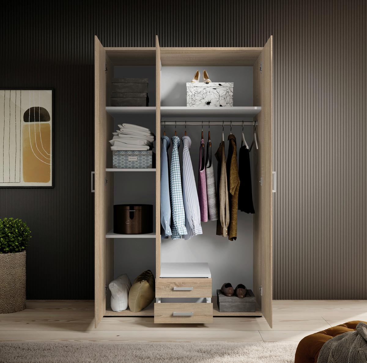 Drehtürenschrank Mit 2 Laden 120cm Paul,sonomaeiche 3-Türig - Sonoma Eiche, Basics, Glas/Holzwerkstoff (120/196/54cm)