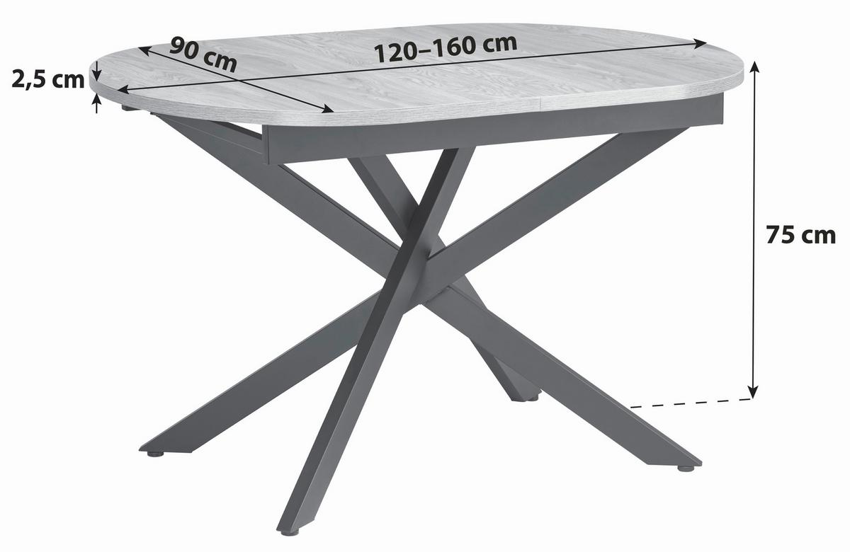 Esstisch ausziehbar Paulo 120-160x90 cm Eiche/Schwarz - Eichefarben/Schwarz, KONVENTIONELL, Holzwerkstoff/Metall (120-160/90/75cm) - MID.YOU